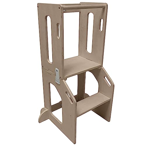 Busy Kids Toddler Tower Kitchen Helper + Art Desk, 2-in-1 Convertible Kids Table and Wooden Step Stool Tower for Crafting & Drawing, Kids Step Stool with Desk for Kids (Natural)