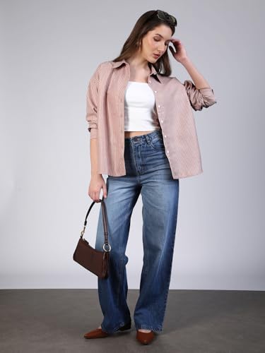 Image of Urbano Fashion Women's Cotton Full Sleeve Oversized Fit Casual Striped Shirt with Spread Collar