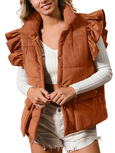 Womens Corduroy Puffer Vest Ruffle Sleeve Winter Snap Button Coats Padded Gilet with Flap Pockets