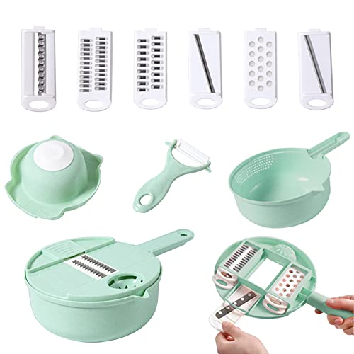 Affettaverdure 12 in 1, multifunzione con contenitore, per verdure e verdure, per cetrioli, per patate (verde)
