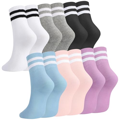 Utensilsto 6 Paare Socken Herren Damen, 39-42 Sportsocken Tennissocken Streifen Baumwolle Sport Socken für Damen Herren, Schwarz, Grau, Weiß, Blau, Lila, Rosa
