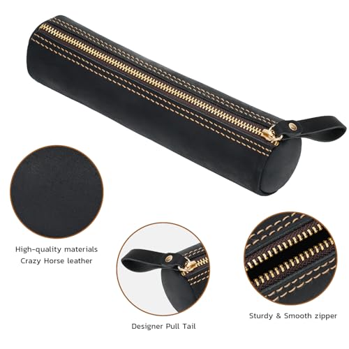 Image of ECHSRT Genuine Leather Pencil Pouch, Classic Cylinder Pen Bag - Black | Full-Grain Cowhide Leather, Crazy Horse Finish, Single Zipper, Vintage Pen Organizer for Adults