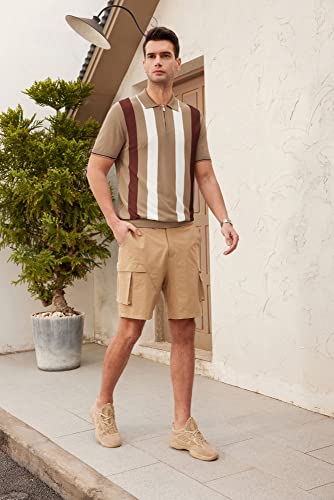 Men's Knit Casual Polo Shirt Short Sleeve Striped Contrast Golf Polo Shirts For Men Classic Relaxed Fit Khaki #TOP4