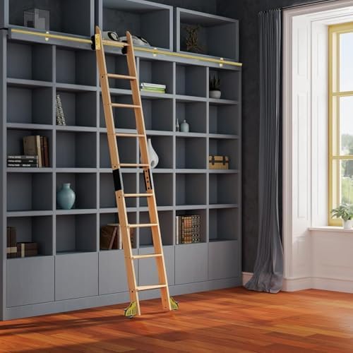 Gold Sliding Library Ladder Hardware Kit - Heavy Duty Carbon Steel Rolling Track with Floor Roller Wheels, 26.2 ft, Ideal for Attics & Libraries, No Ladder Included