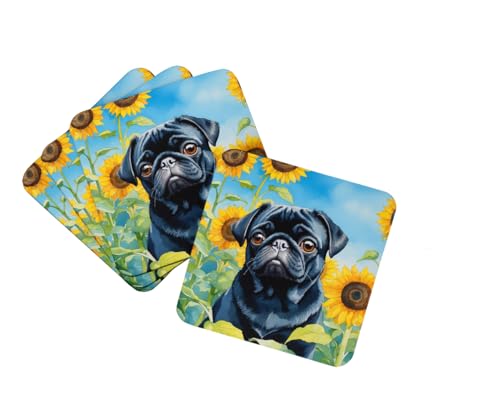 Caroline's Treasures Pug in Sunflowers Foam Coasters Set of 4 Cup Coasters for Indoor Outdoor, Tabletop Protection, Anti Slip, Mouse pad Material