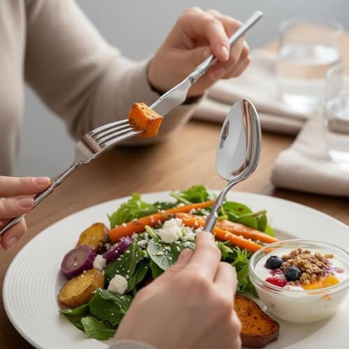 Image of 20 Pcs Silver Slim Handle Stainless Steel Cutlery Set for Dining Table with Spoons and Forks Set + Butterknives - The Perfect Tableware /Flatware