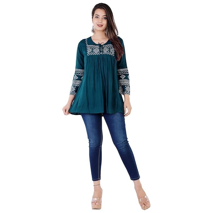 Image of Avayayat Women's Rayon Classic Heavy Embroidery Top with Beautifull Tassels at Front and on Both Sleeves Regular Fit Office Wear Festival Tunic Jeans Summer