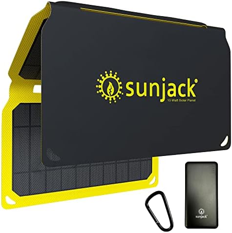 SunJack 15 Watt Foldable IP67 Waterproof ETFE Monocrystalline Solar Panel + 10000mAh Power Bank with USB-A and USB-C for Cell Phones Tablet and Portable for Backpacking, Camping, Hiking and More