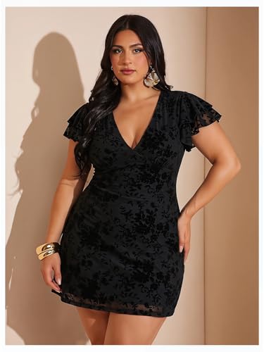 Image of BEAUDRM Women's Plus Size Cocktail Floral Short Dress Deep V Ruffle Short Sleeve Bodycon Mesh Wedding Guest Party Dresses