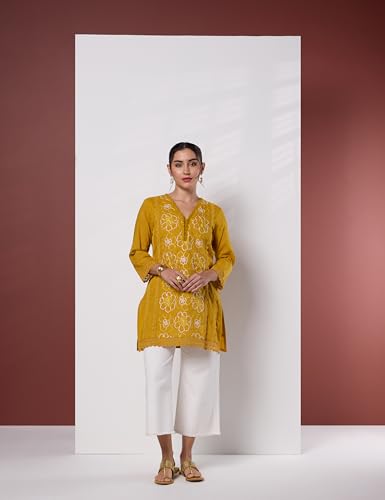 Image of Amazon Brand - Myx Women's Pure Cotton Embroidered Short Kurti | Tunic | Short Kurta (Available in Plus Sizes)
