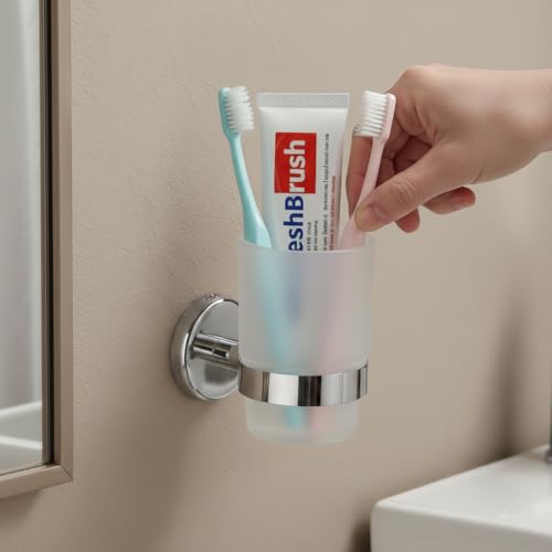 Image of Premium SUS 304 Stainless Steel Toothbrush Holder with Frosted Glass Tumbler - Wall Mounted Bathroom Toothpaste & Shaving Kit Organizer, Rustproof Chrome Finish (Round-29)