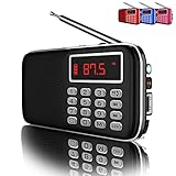 QAISE AM/FM Radio with Bluetooth, MP3 Player, USB and SD Card Ports, and LED Flashlights, Loud Stereo Speaker with Long-Range Transmitter, Travel Pocket Size, Black