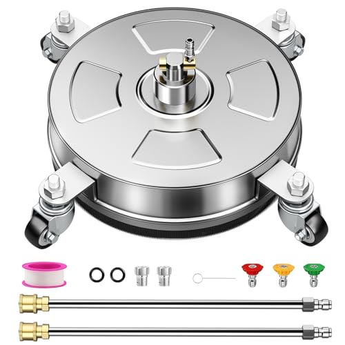 14" Pressure Washer Surface Cleaner with 4 Wheels, Stainless Steel Housing, 4000 PSI Max, 3 Connect Nozzles & 2 Extension Wands, Pressure Washer Surface Cleaner for Concrete, Patios, Sidewalks by Nezion - Used condition - US$43.45