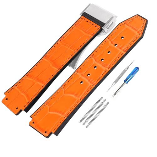 JETHENG Men's Leather Strap Compatible for 25mm Hublot Big Bang Series Ladies outdoor work waterproof watch band wrist strap with buckle, Orange Band