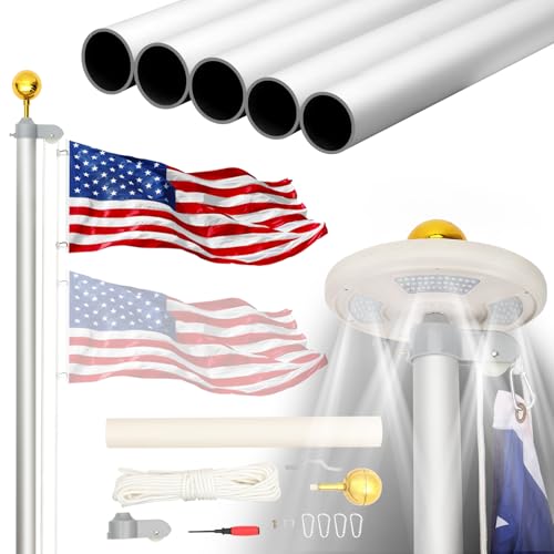 25FT Sectional Flag Pole Kit with Solar Light, 12 Gauge Aluminum Heavy Duty Outdoor Flag Pole Kit,with 128 LEDs Solar Powered Set for House Outside,with America Flag, Resist 100MPH Wind,Silvery