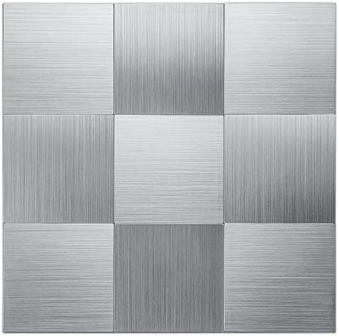 LK 10pcs Premium Self-Adhesive Metal Tiles - Peel and Stick Backsplash Tiles for Kitchen, 12"x12", Silver
