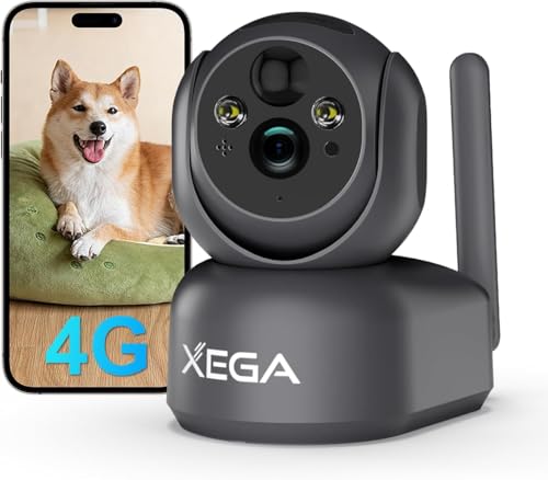 Xega 4G LTE Überwachungskamera Innen Akku mit SIM Karte, Ohne WLAN Kamera mit 7800mAh Batterie, 2K PTZ 355°/100° Schwenkbar, Farb-Nachtsicht, AI PIR Kennung, TF&Cloud-Speicher, Zwei-Wege-Audio, IP65