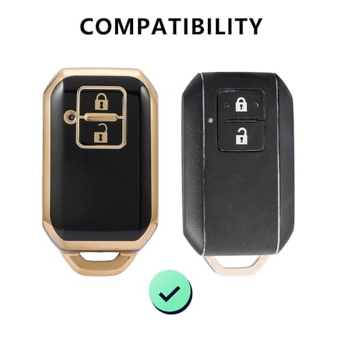 Image of TPU Car Key Cover Black & Golden Compatible for Suzuki Baleno, Vitara Brezza, Swift, Dzire, Ertiga, Grand Vitara, Ignish, XL-6, Jimny, Fronx (Suzuki, 2 Button Push Smart Key)