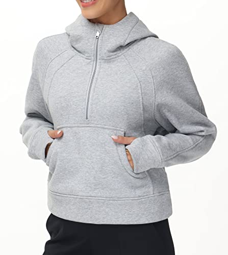 The Gym People Women’s Hoodies Half Zip Long Sleeve Fleece Crop Pullover Sweatshirts With Pockets Thumb Hole Grey #TOP2