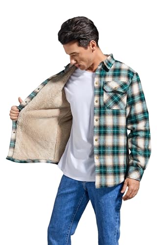 Image of Men's Sherpa Cotton Flannel Shirt Jacket Plaid Button Coat Pocket