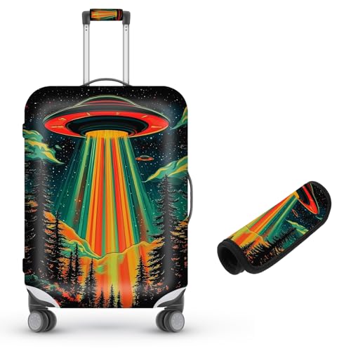 Suitcase Cover for Luggage 22-24 Inch, Washable Elastic Anti-Scratch Luggage Protector, Durable Zipper Baggage Cover with Handle Wrap, Travel Accessories for Suitcase, Colorful alien UFO