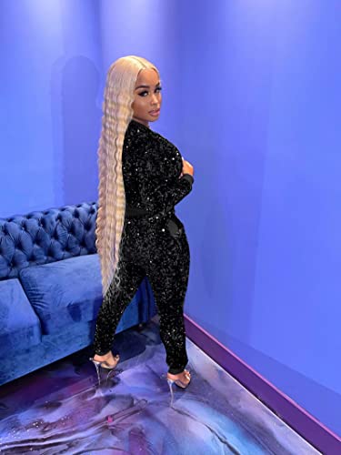 Women Sexy Shiny Sequin Velour 2 Piece Outfits Pockets Glitter Jacket Pant Bodycon Party Tracksuit Clubwear Black S #TOP1