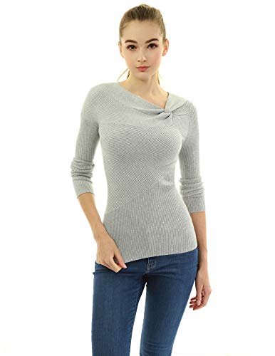 Amélieboutik Women Asymmetric Twist Knot Neckline Ribbed Sweater (Light Gray Medium) #TOP3