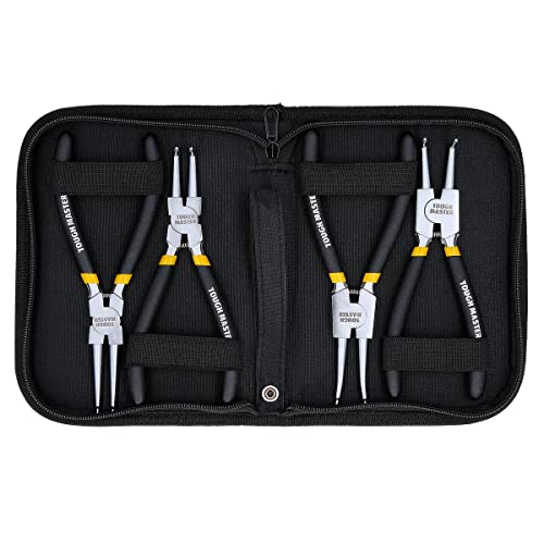 TOUGH MASTER Circlip Pliers 4pcs Set 7 Internal & External Straight Bent Tip Circlip Pliers, 175mm Snap Ring Pliers Set with Durable Springs and Soft TPR Handles Organized in Zip Case