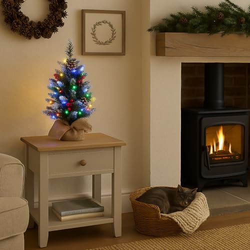 60cm Pre-Lit Colour Changing Artificial Green Mini Christmas Tree with LED, Pinecones and Berries - Image 5