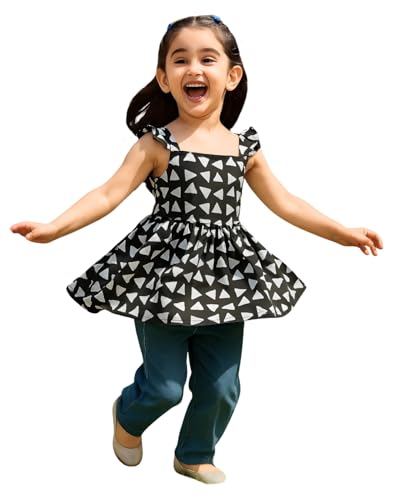 Image of Maaesa Girls Black Geometric Printed Cotton A-Line Top | Short Sleeves | Square Neck | Lightweight & Breathable | Casual