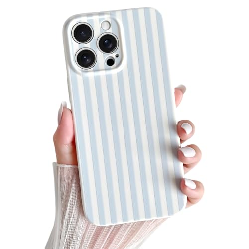Skyseaco for iPhone 15 Pro Case Cute Aesthetic Striped Phone Case for Women Girl Trendy Soft TPU Slim Shockproof Full Camera Protection Cover, Blue and White