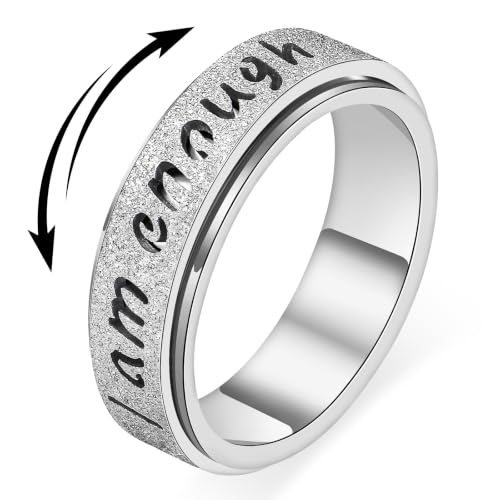 LuckyAmor Fidget Spinner Ring for Women - I Am Enough Fidget Toys Rotating Anxiety Relief Jewelry Stainless Steel Inspirational Hope Rings for Adults (Silver 10)