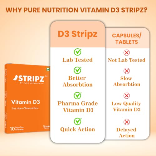 Image of Pure Nutrition Vitamin D3 K2 | 20 Oral Strips | STRIPZ True Nano Cholecalciferol | Sugar Free Vitamin D Supplement | Orange Flavour