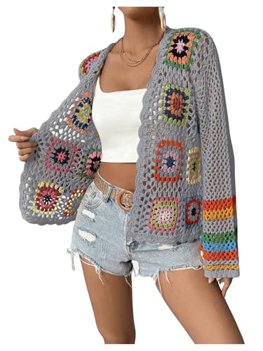Image of SHENHE Women's Floral Crochet Cardigan Hollow Out Open Front Long Sleeve Cardigan Sweater
