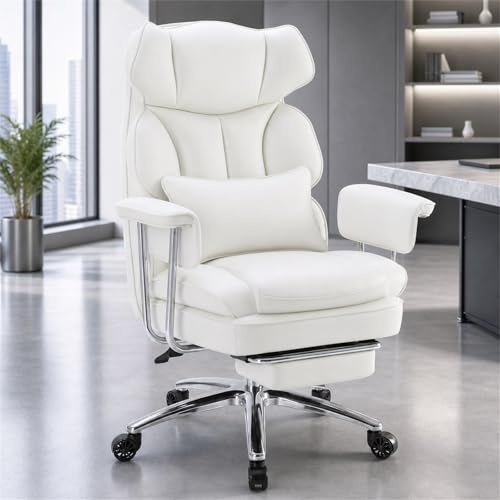 Image of Executive Ergonomic Office Chair, PU Leather High Back Reclining Office Chair with Footrest and Lumbar Support, Height Adjustable Rolling Swivel Computer Chair for Home Office,White