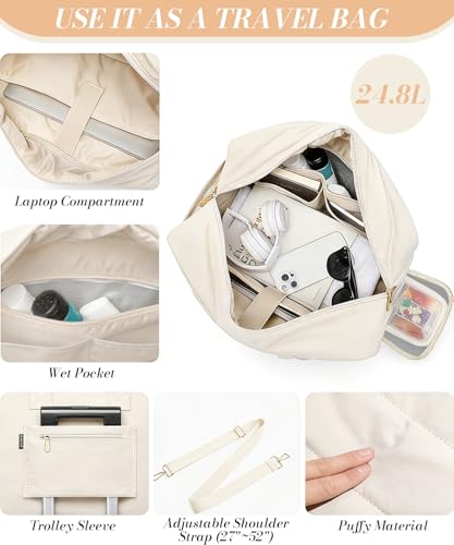 Image of PALAY Tote Bags for Women Office Use with Insulated Lunch Compartment Beige Nylon Waterproof Laptop Bag Large Puffy Quilted Travel Duffle Bag for Women
