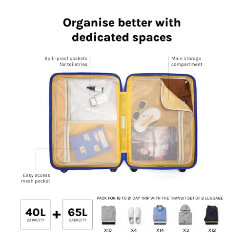 Image of MOKOBARA Transit Set of 2 Luggage Trolley Bag,Cabin(40L)+Check-in(65L),Lightweight Polycarbonate Hardshell,360Silent Wheels,TSA Lock,Premium Zipper,Suitcase for 18-21 Day Travel,Blue(Blue'd up)