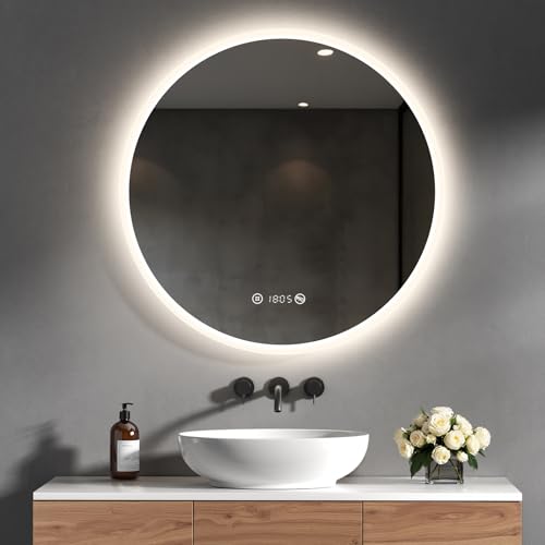 Heilmetz Badspiegel mit Beleuchtung Rund 70cm, LED Badezimmerspiegel mit Uhr, Antibeschlag, Touch, 4300K Warmweiß Licht, Spiegel mit Beleuchtung für Bad