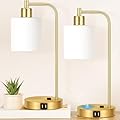 Set of 2 Industrial Touch Control Table Lamps with 2 USB Ports and AC Outlet - 3-Way Dimmable Gold Bedside Lamps Nightstand Desk Lamps for Bedroom Living Room, Opal Glass Shade & 2 LED Bulbs Included