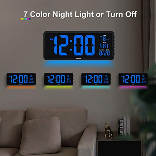 Yortot 16 Inch Large Digital Wall Clock With 4 Level Brightness Dimmer, Remote Control, 7 Color Night Light, Big Blue Number Led Display With Indoor Temperature, Date And 12/24H, Dst, Fold Out Stand #TOP3