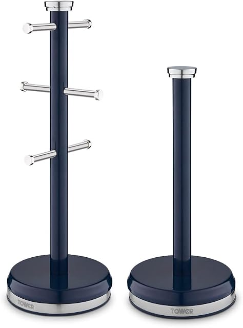 Tower T826172MNB Belle Mug Tree and Towel Pole Set, Stainless Steel, Midnight Blue