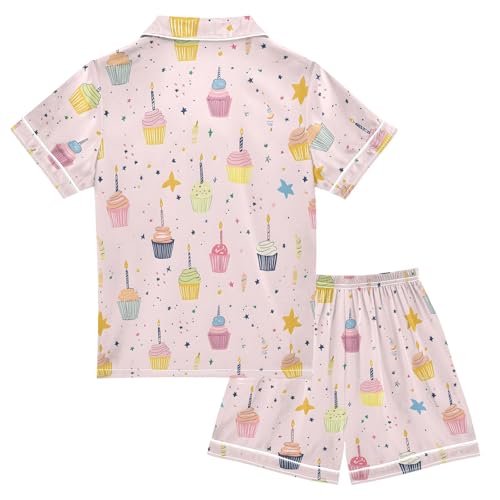 ALAZA Cartoon Stylish Cake Star Satin Pajamas Set Short Sleeve Button Down Sleepwear Summer Pjs 2 Piece2
