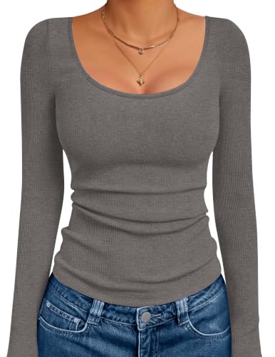 Ekouaer Long Sleeve Shirts for Women Ribbed Top Slim Fit Thermal Undershirt - image 1