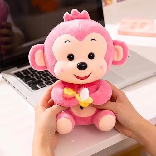 Image of Tickles Cute Smiling Muffler Monkey with Banana Soft Stuffed Plush Animal Toy for Kids Boys & Girls Birthday Gift (Size: 25 cm Color: Pink)