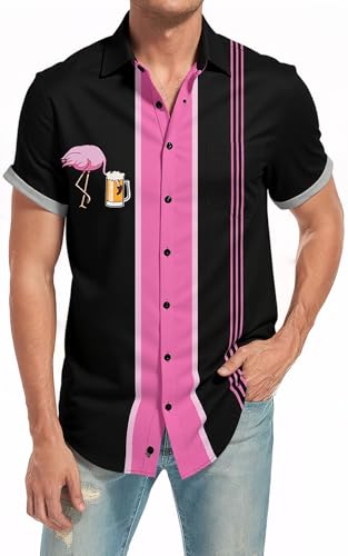 QIVICIMA Men's Retro Bowling Shirts 50s Vintage Button Down Color Block Active Shirts Flamingo Print3