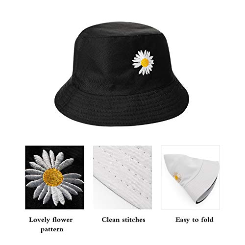 Daisy-Bucket-Hats Reversible Fisherman-Cap Packable Summer Sun Protection (White/Black 1Pc) #TOP1