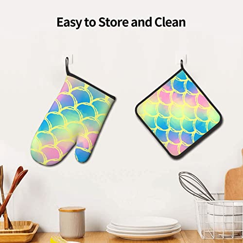 Yellow Mermaid Scale Oven Mitts And Pot Holders Sets Non-Slip Heat Resistant Kitchen Gloves Hot Pads With Inner Cotton Layer For Cooking Baking Grilling Women Men Gifts #TOP6