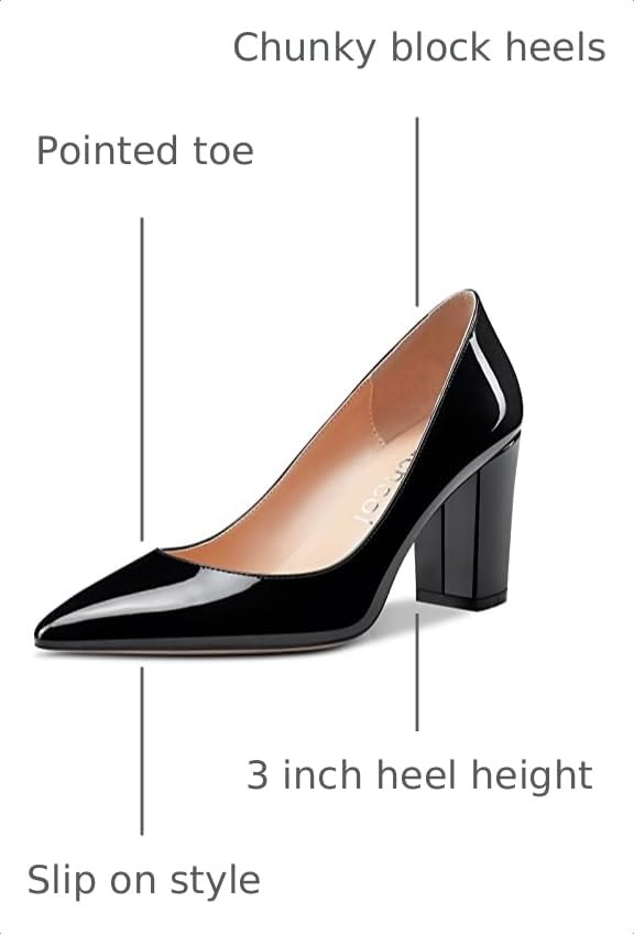 Image of Aachcol Women Pumps Pointed Toe Slip on Mid Heel Dress Office Chunky Block Heels Shoes 3 Inches