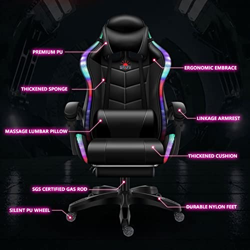 Fzyuan White Gaming Chair With Led Light, Ergonomic Pro Gaming Chair With Full Massage Lumbar Support, Bluetooth Speakers Computer Chair For Retractible Footrest And Backrest Adjustable,White #TOP5