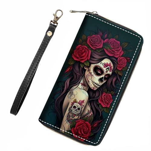 Sugar Skull Girl Roses Wallet for Women with Credit Card Holder Coin Money Clip PU Leather Zip Around Clutch Wallet